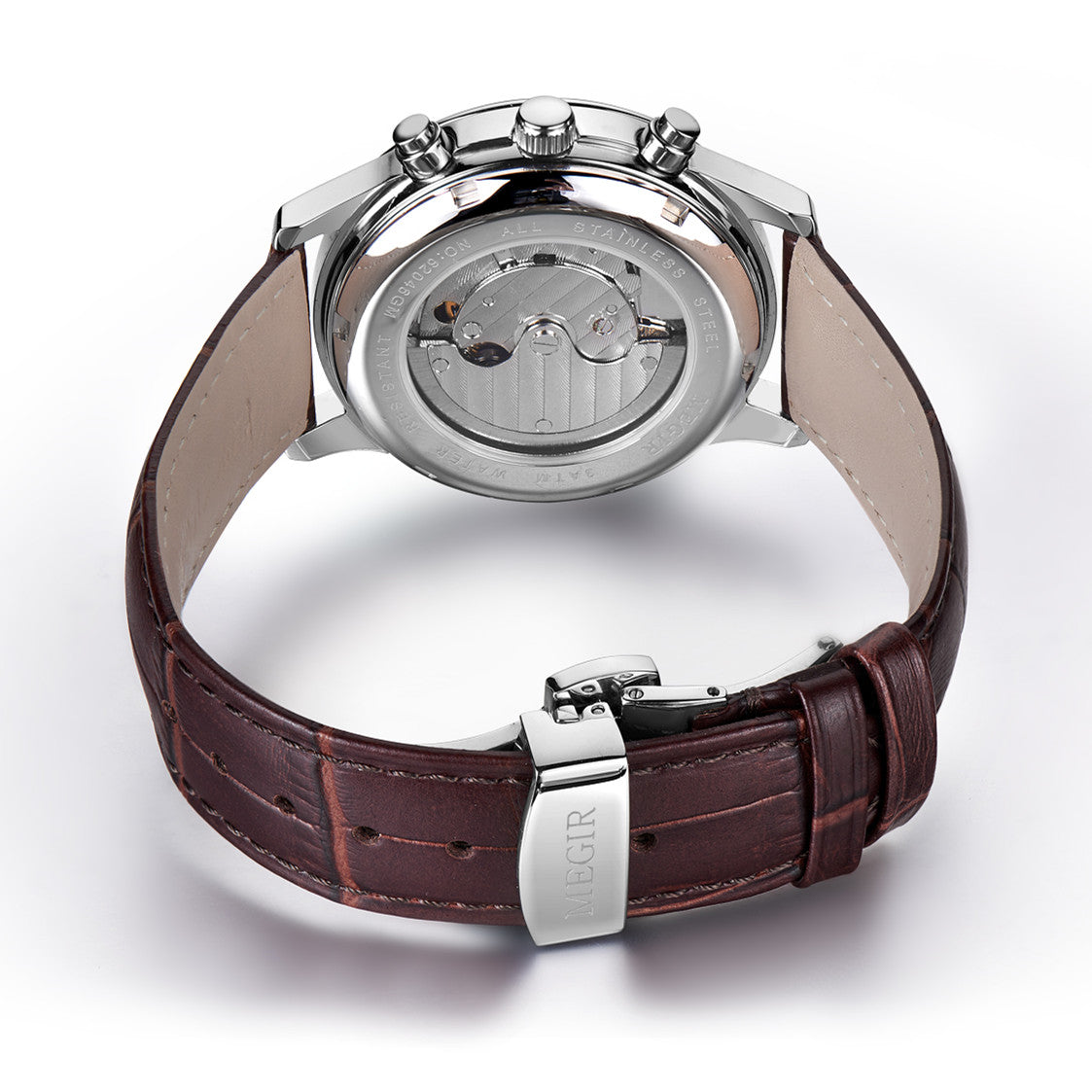 MEGIR Men Automatic Mechanical Watches Moon Phase Brown Leather Casual Business Wristwatch Sapphire Date Clock Montre Homme 62046
