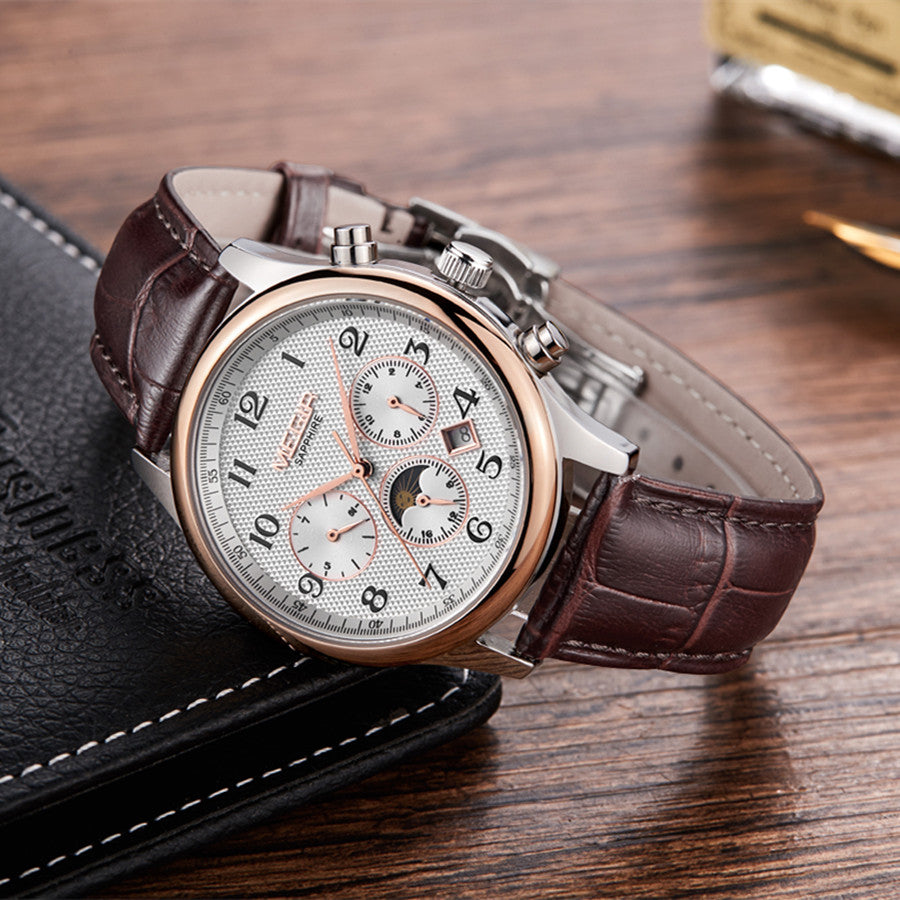 MEGIR Men Automatic Mechanical Watches Moon Phase Brown Leather Casual Business Wristwatch Sapphire Date Clock Montre Homme 62046