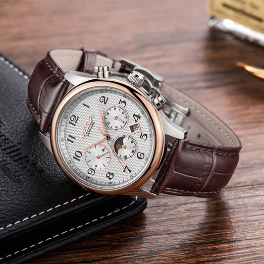 MEGIR Men Automatic Mechanical Watches Moon Phase Brown Leather Casual Business Wristwatch Sapphire Date Clock Montre Homme 62046