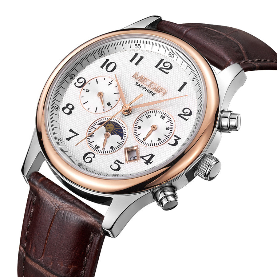 MEGIR Men Automatic Mechanical Watches Moon Phase Brown Leather Casual Business Wristwatch Sapphire Date Clock Montre Homme 62046