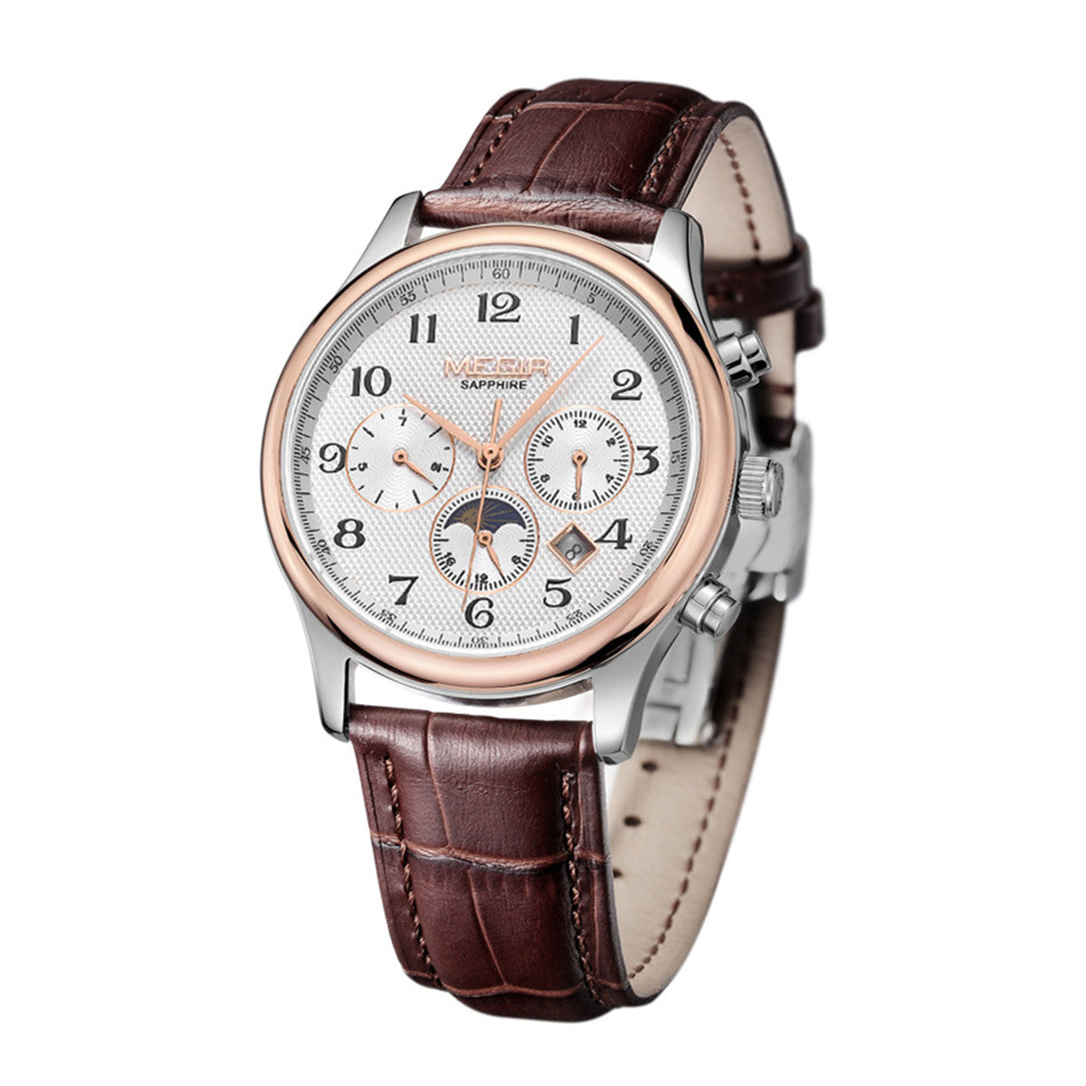 MEGIR Men Automatic Mechanical Watches Moon Phase Brown Leather Casual Business Wristwatch Sapphire Date Clock Montre Homme 62046