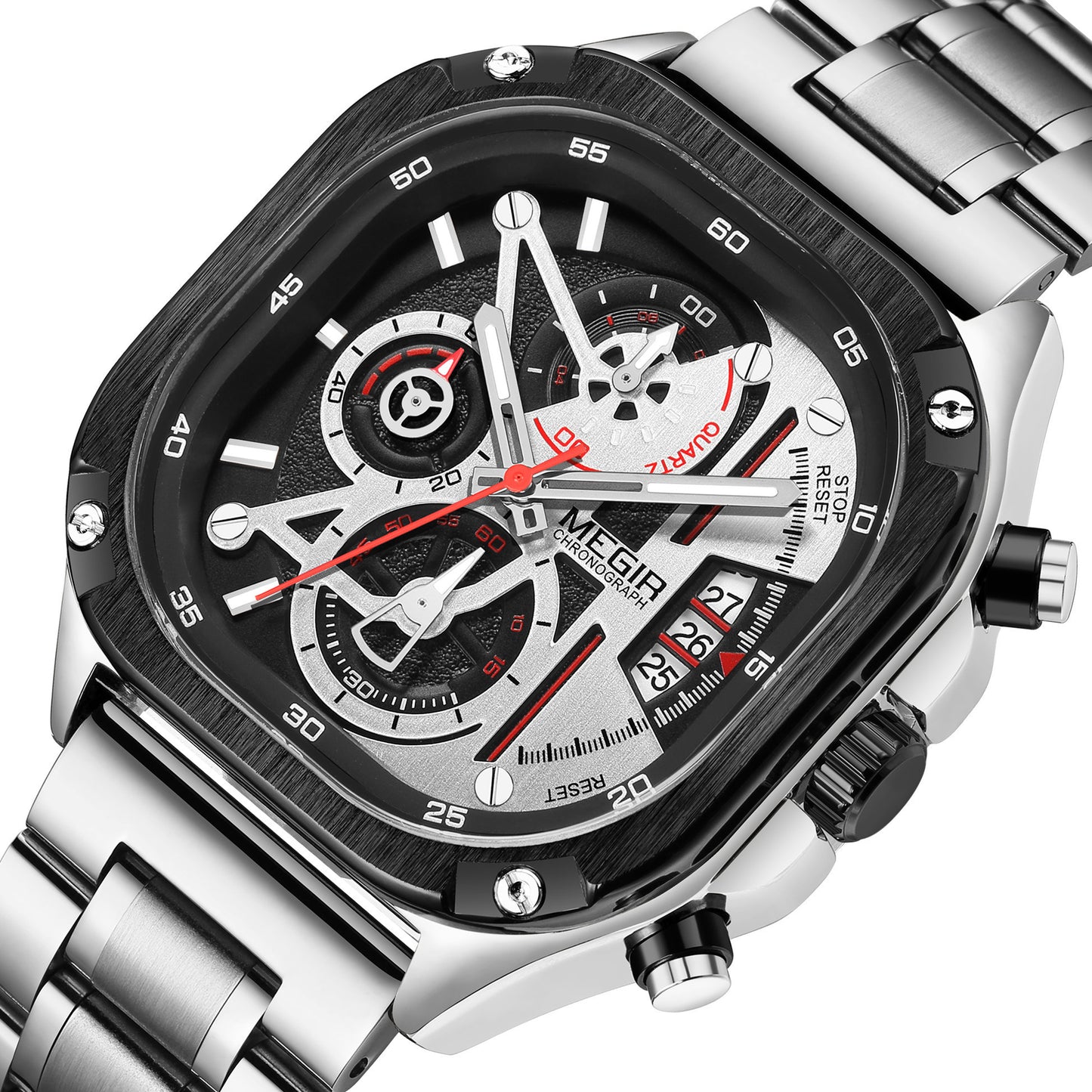 MEGIR Luxury Mens Stainless Steel Watches Fashion Brand Business Quartz Wristwatch Date Luminous Man Chronograph Casual Clock