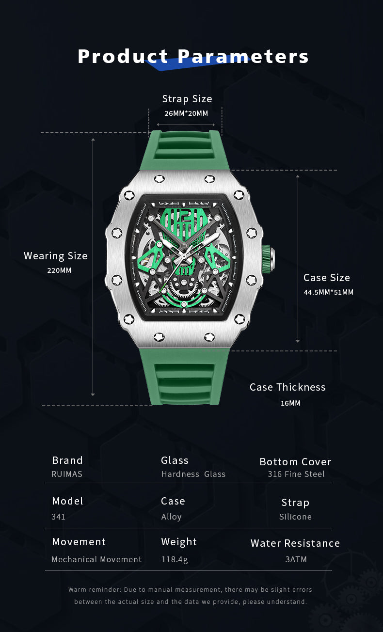 RUIMAS Luxury Watch Men Fashion Automatic Mechanical Watches Clock Silicone Strap Sport Casual Wristwatch Big Dial Reloj Hombre
