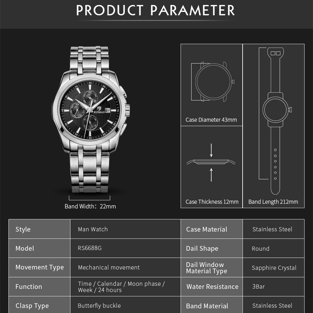 RUIMAS Stainless Steel Band Business Casual Watch for Men Waterproof Luxury Automatic Mechanical Wrist Watches Relogio Masculino