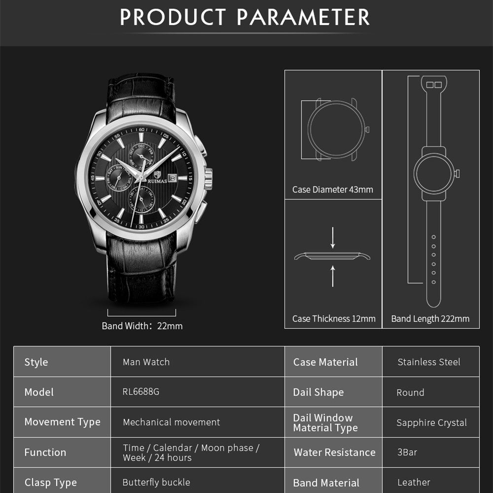 RUIMAS Stainless Steel Band Business Casual Watch for Men Waterproof Luxury Automatic Mechanical Wrist Watches Relogio Masculino