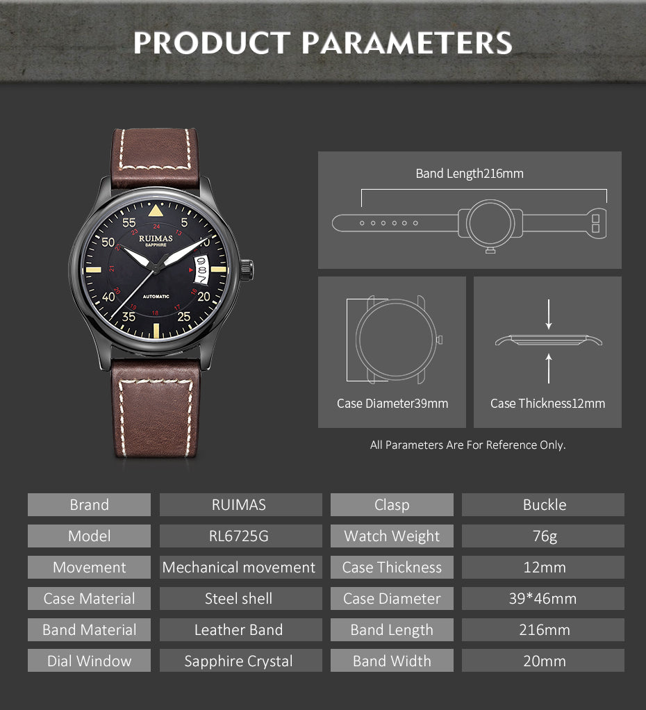 RUIMAS Men Watches Fashion Automatic Mechanical Watch Date Waterproof Business Clock Leather Strap Wristwatch 6725