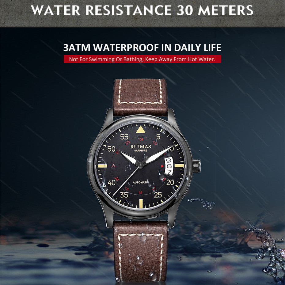 RUIMAS Men Watches Fashion Automatic Mechanical Watch Date Waterproof Business Clock Leather Strap Wristwatch 6725