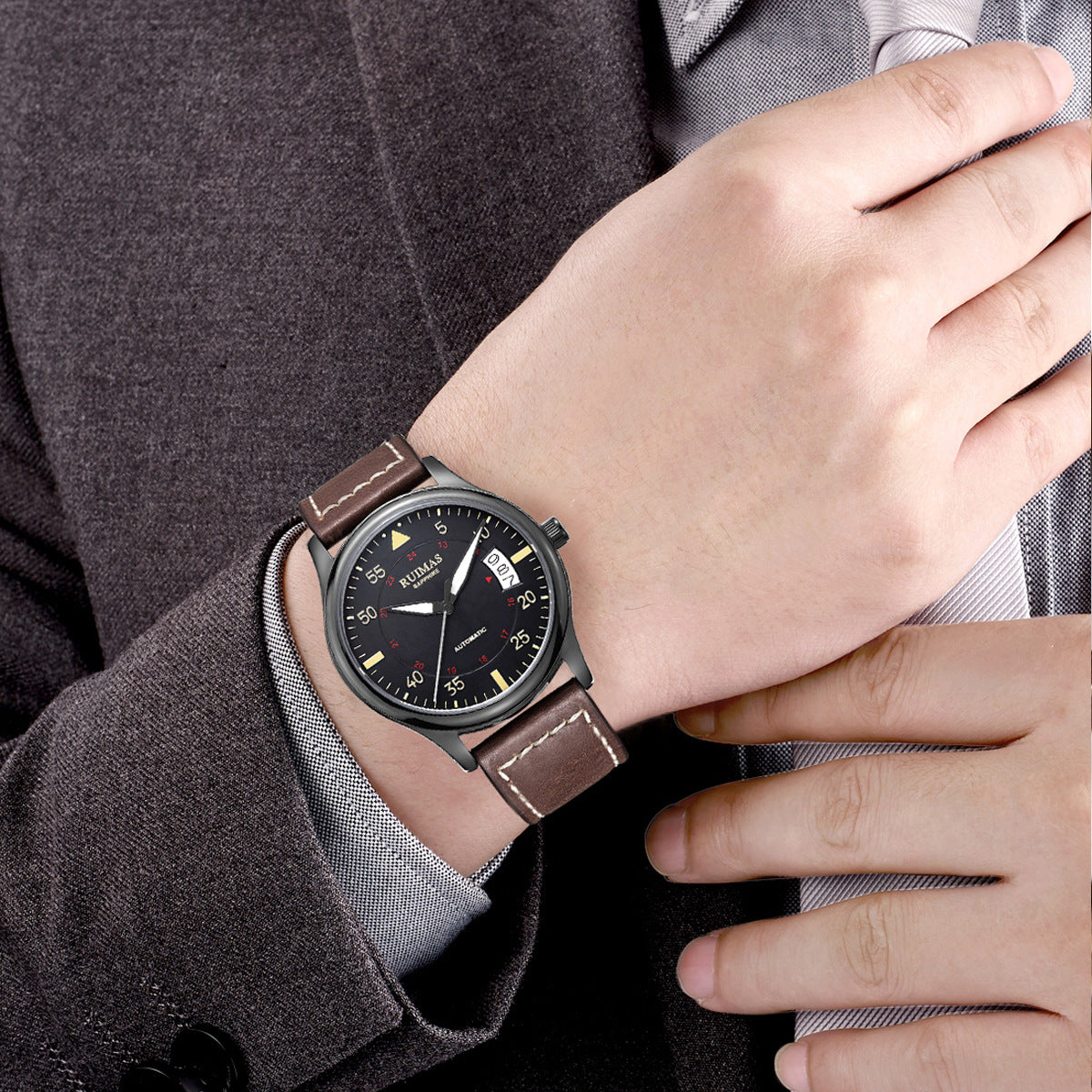 RUIMAS Men Watches Fashion Automatic Mechanical Watch Date Waterproof Business Clock Leather Strap Wristwatch 6725