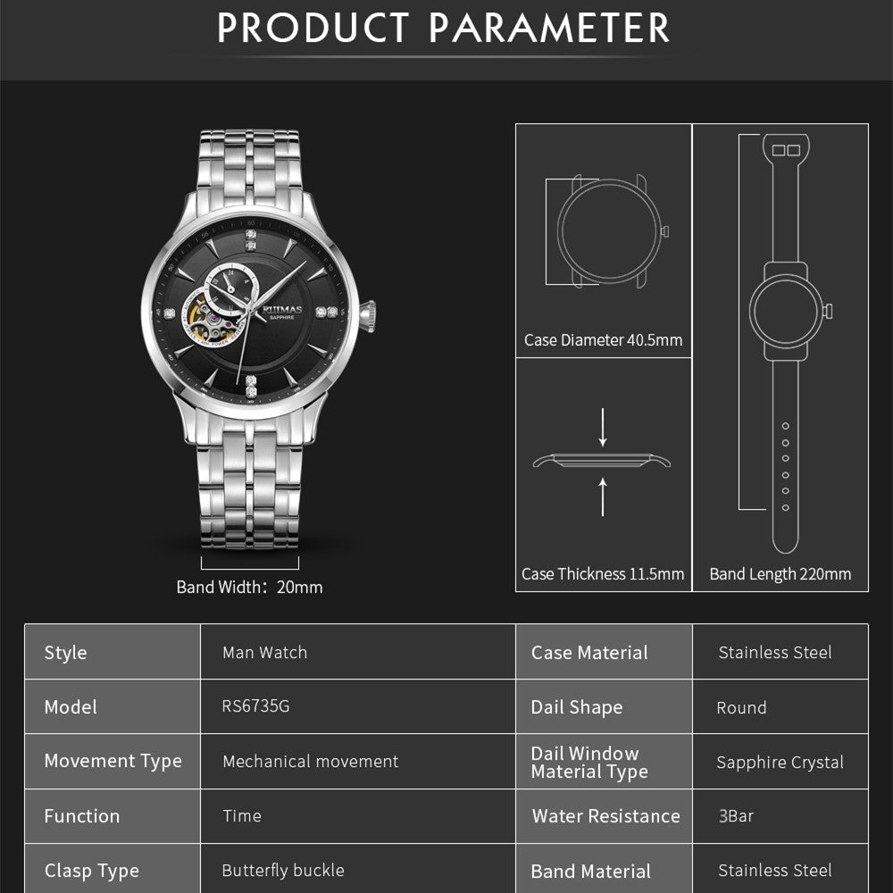 RUIMAS Gold Men Watch Luxury Stainless Steel Automatic Mechanical Watches Sapphire Glass Waterproof Wristwatch Relogio Masculino