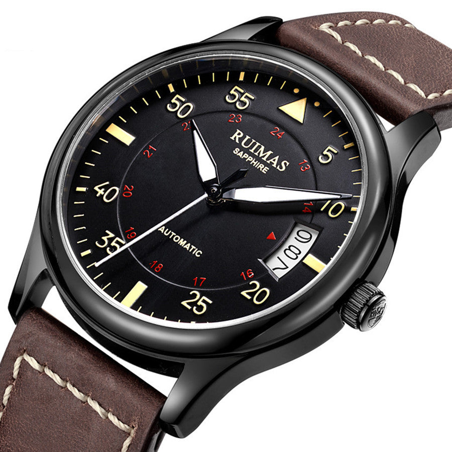 RUIMAS Men Watches Fashion Automatic Mechanical Watch Date Waterproof Business Clock Leather Strap Wristwatch 6725