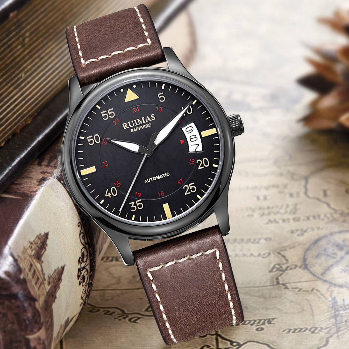 RUIMAS Men Watches Fashion Automatic Mechanical Watch Date Waterproof Business Clock Leather Strap Wristwatch 6725