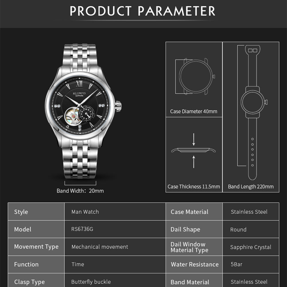 RUIMAS Luxury Men Mechanical Watches Sapphire Glass Stainless Steel Bracelet Business Casual WristWatch Clock Montre Homme
