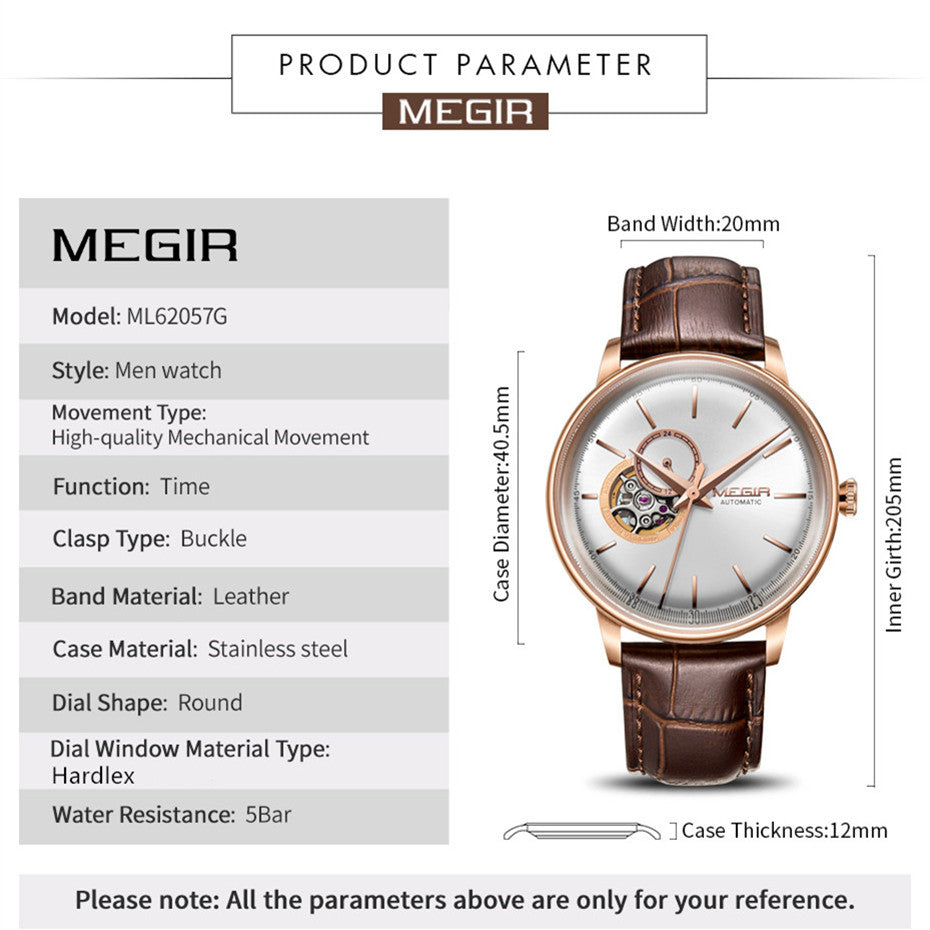MEGIR Automatic Men's Watch Mechanical Movement Leather Strap Luxury Business Watches 5ATM Waterproof Big Dial Clock Wristwatch