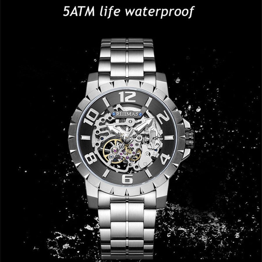 RUIMAS Men Mechanical Watch Luxury Automatic Stainless Steel Bracelet Wristwatches 5ATM Waterproof Clock Relogio Masculino