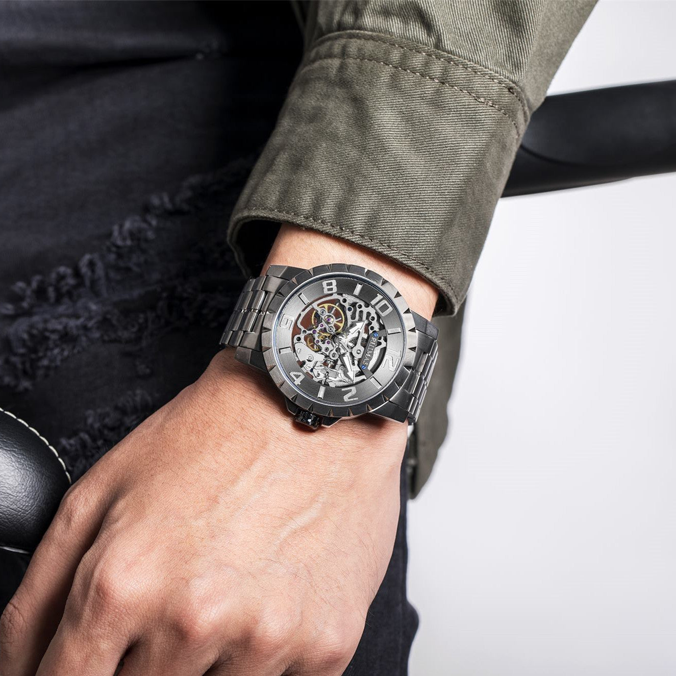 RUIMAS Men Mechanical Watch Luxury Automatic Stainless Steel Bracelet Wristwatches 5ATM Waterproof Clock Relogio Masculino