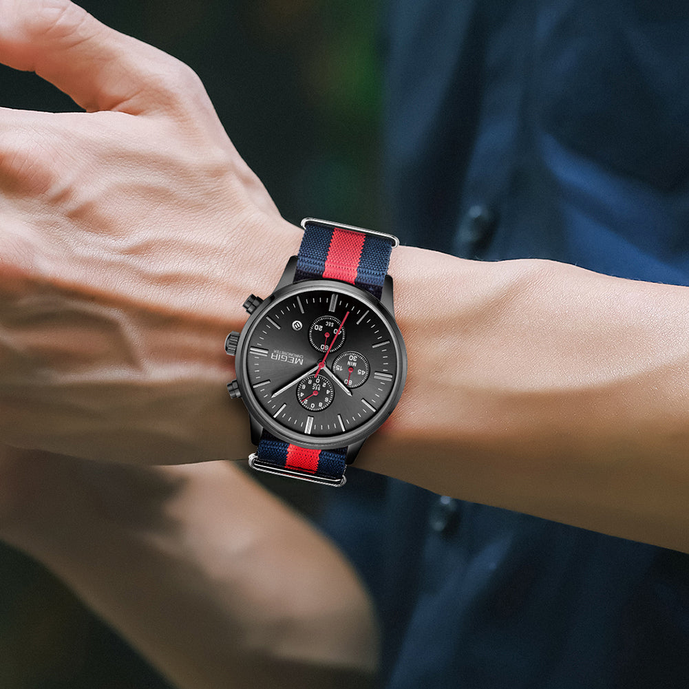 MEGIR Luxury Brand Sports Military Watches for Men Canvas Strap Fashion Men Chronograph Waterproof Luminous Quartz Wristwatch Clock 2011
