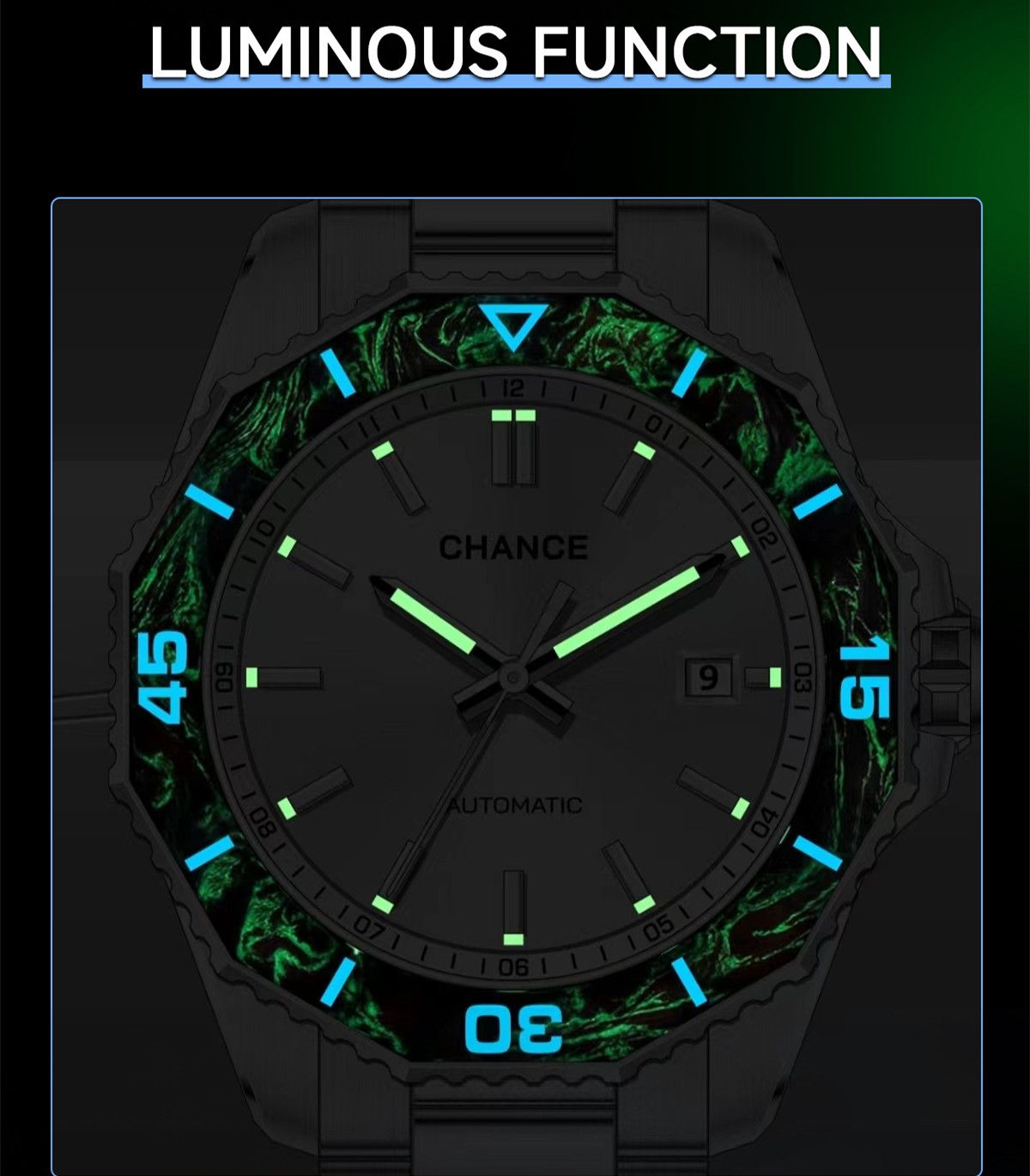 CHANCE Automatic Mechanical Watches Movement 10Bar Waterproof Stainless Steel Sapphire Glass Business Wristwatch Clock