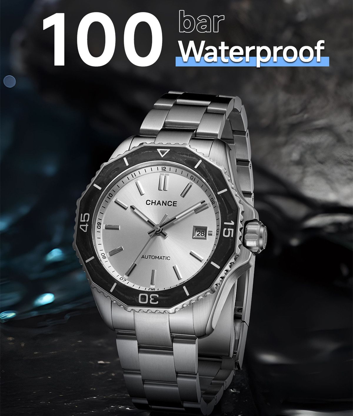 CHANCE Automatic Mechanical Watches Movement 10Bar Waterproof Stainless Steel Sapphire Glass Business Wristwatch Clock