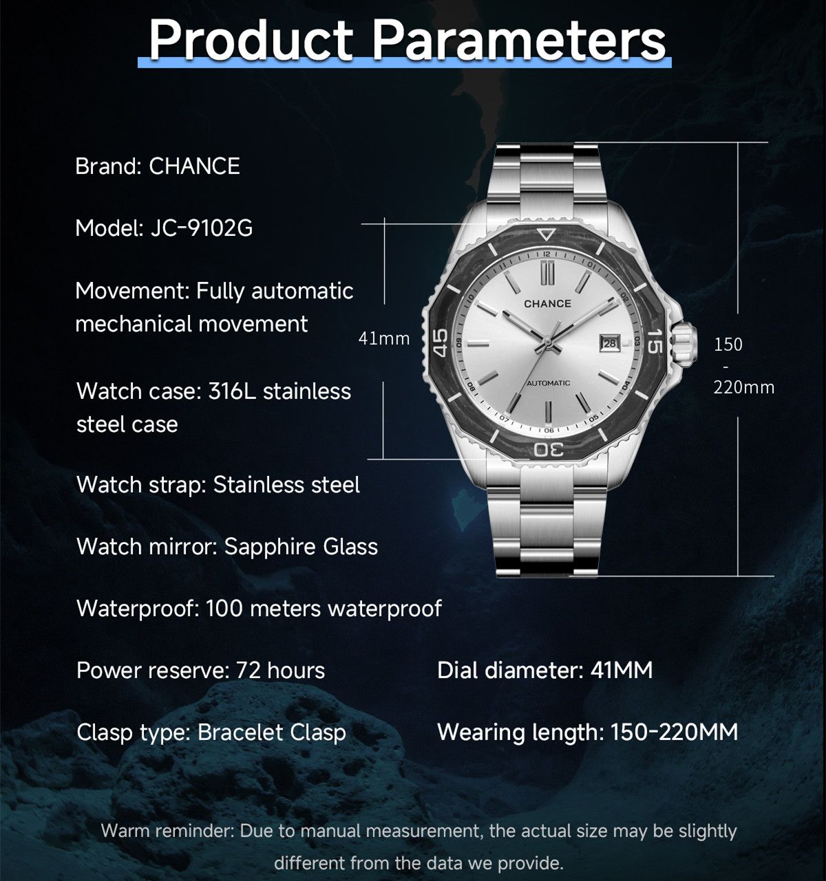 CHANCE Automatic Mechanical Watches Movement 10Bar Waterproof Stainless Steel Sapphire Glass Business Wristwatch Clock