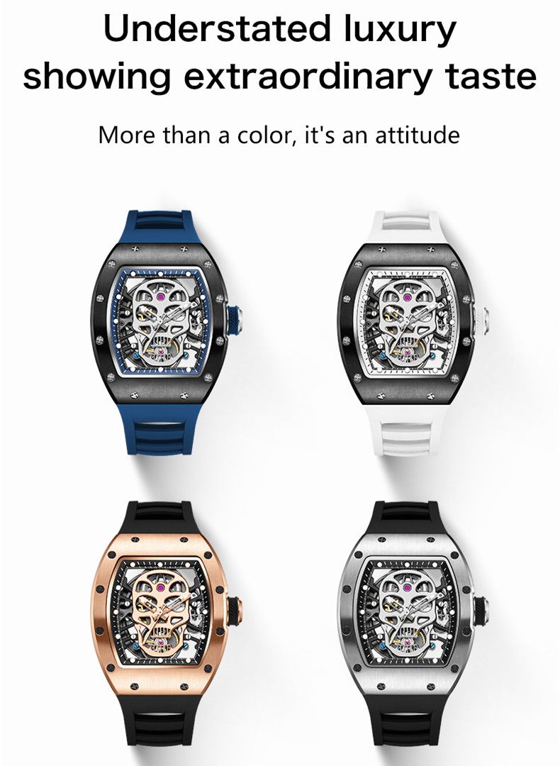 New Men's Watches Skull Hollow Dial Face Mechanical Watch Steel Case Waterproof Sport Wristwatch Automatic Movement Clock 9190-7