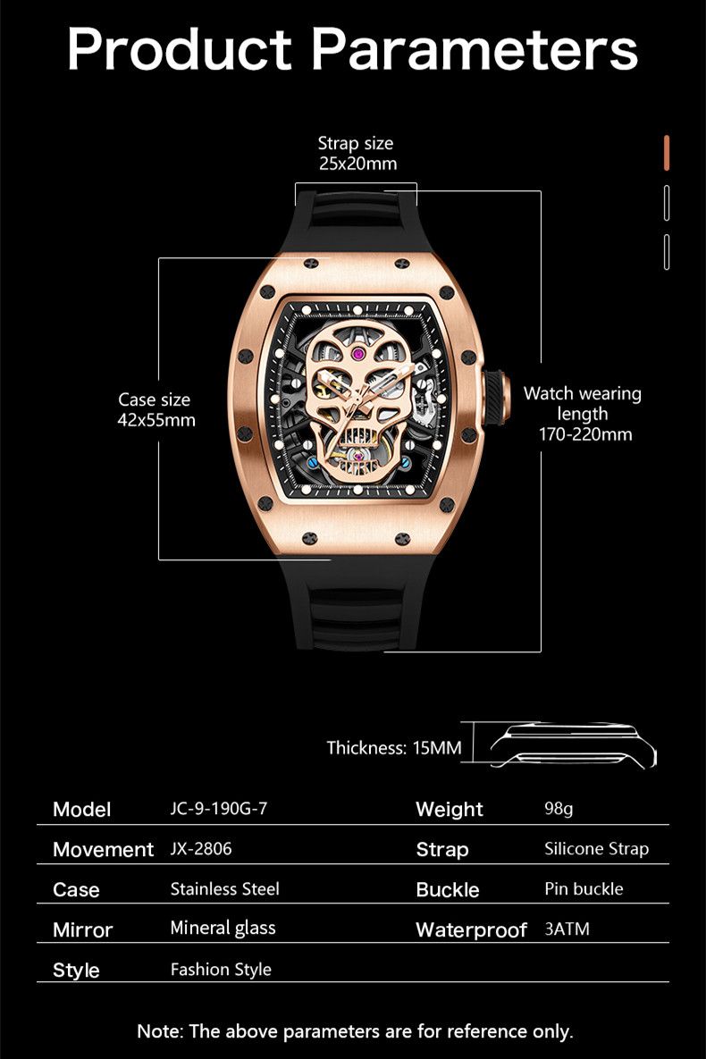 New Men's Watches Skull Hollow Dial Face Mechanical Watch Steel Case Waterproof Sport Wristwatch Automatic Movement Clock 9190-7