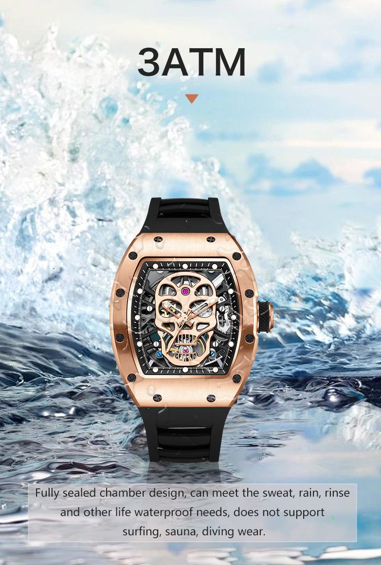 New Men's Watches Skull Hollow Dial Face Mechanical Watch Steel Case Waterproof Sport Wristwatch Automatic Movement Clock 9190-7
