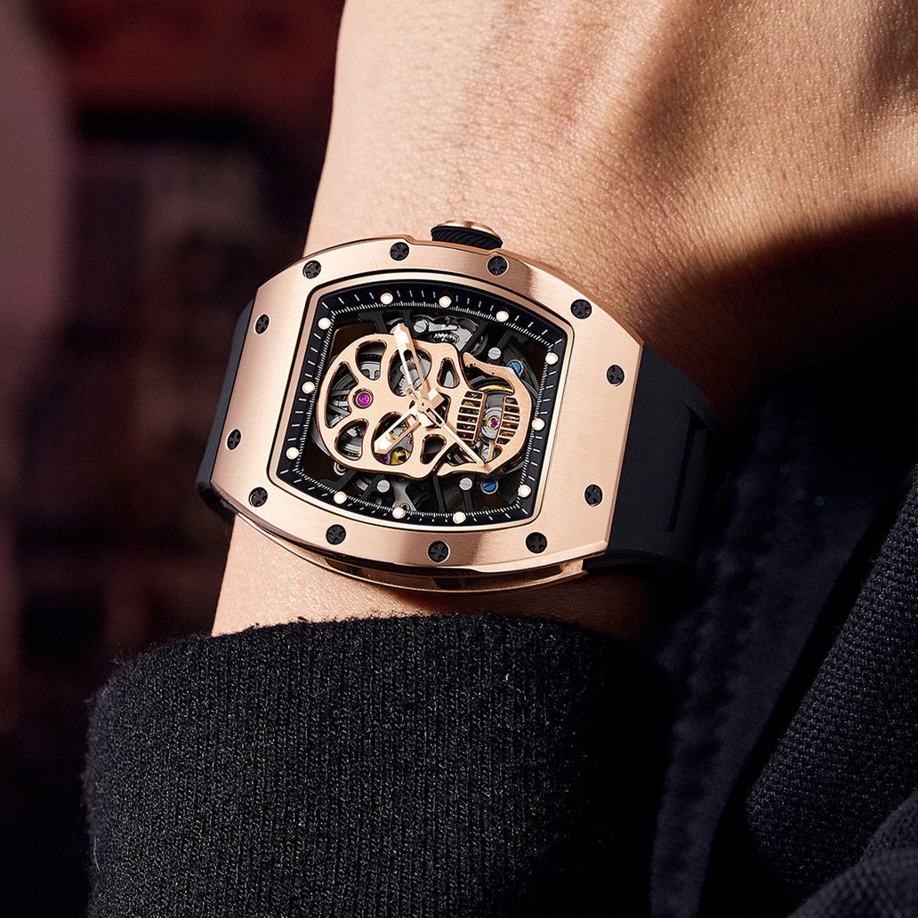 New Men's Watches Skull Hollow Dial Face Mechanical Watch Steel Case Waterproof Sport Wristwatch Automatic Movement Clock 9190-7