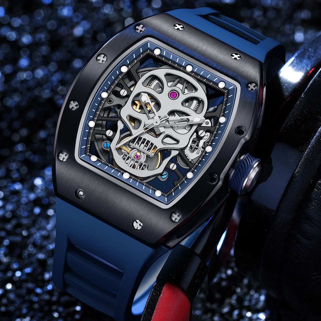 New Men's Watches Skull Hollow Dial Face Mechanical Watch Steel Case Waterproof Sport Wristwatch Automatic Movement Clock 9190-7