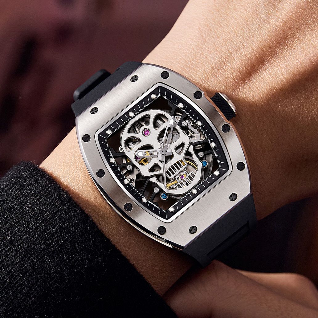 New Men's Watches Skull Hollow Dial Face Mechanical Watch Steel Case Waterproof Sport Wristwatch Automatic Movement Clock 9190-7