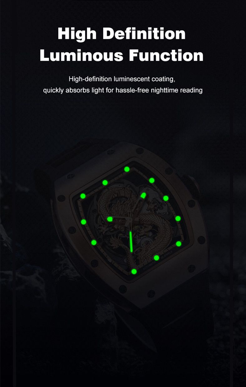 New Automatic Mechanical Skeleton Men Watch Luxury Stainless Steel Case Tonneau Dial Wristwatch Waterproof Sport Watches 9190-15