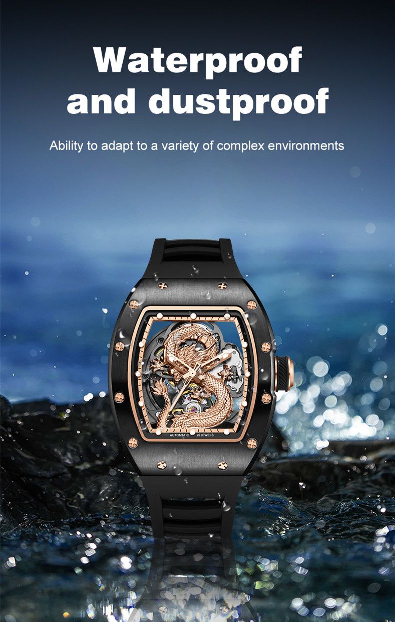 New Automatic Mechanical Skeleton Men Watch Luxury Stainless Steel Case Tonneau Dial Wristwatch Waterproof Sport Watches 9190-15
