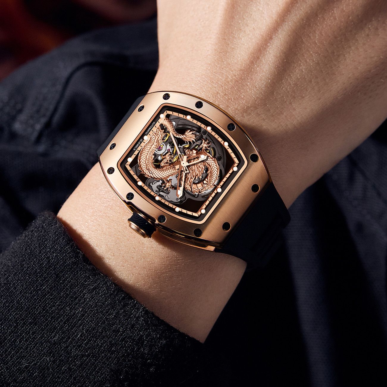 New Automatic Mechanical Skeleton Men Watch Luxury Stainless Steel Case Tonneau Dial Wristwatch Waterproof Sport Watches 9190-15