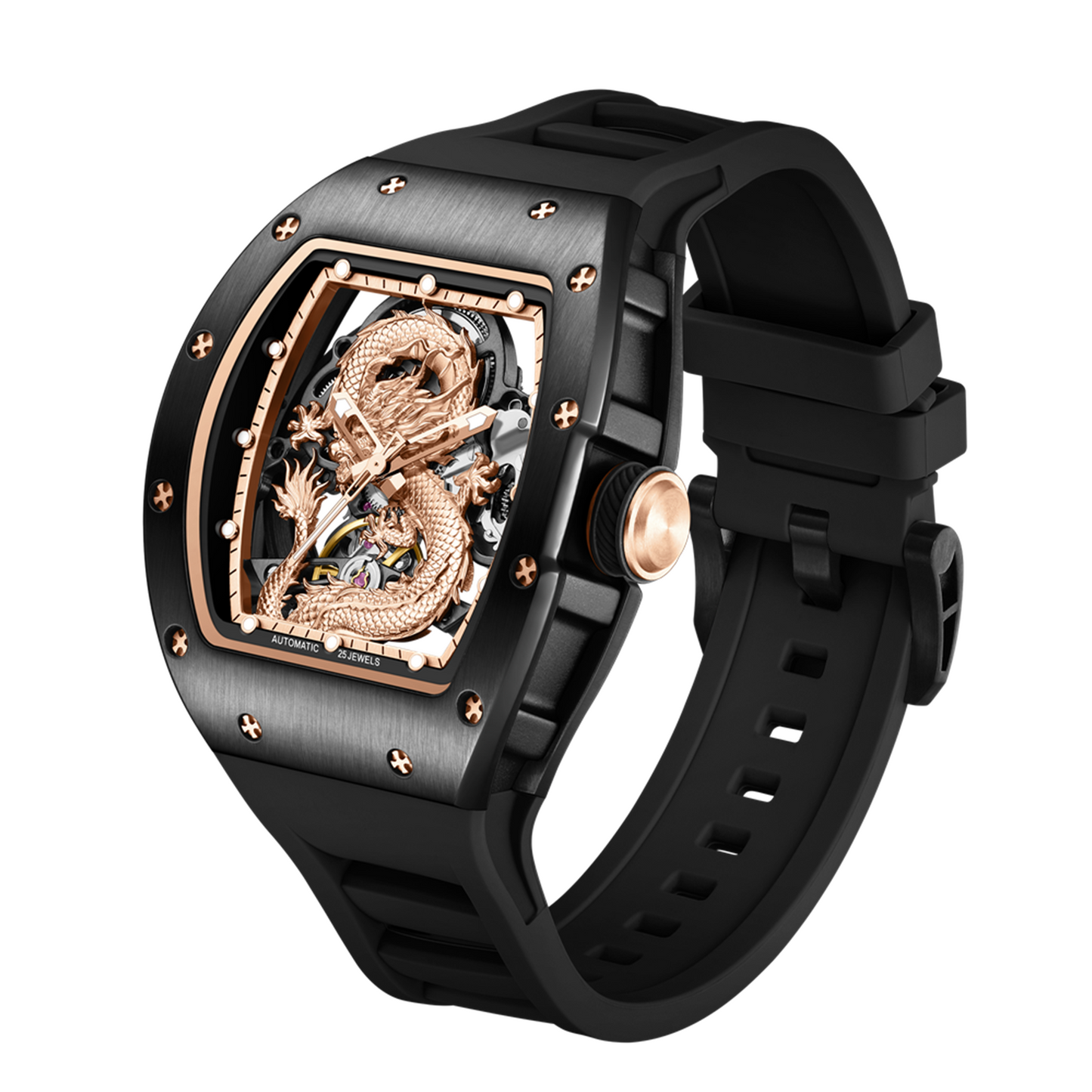 New Automatic Mechanical Skeleton Men Watch Luxury Stainless Steel Case Tonneau Dial Wristwatch Waterproof Sport Watches 9190-15