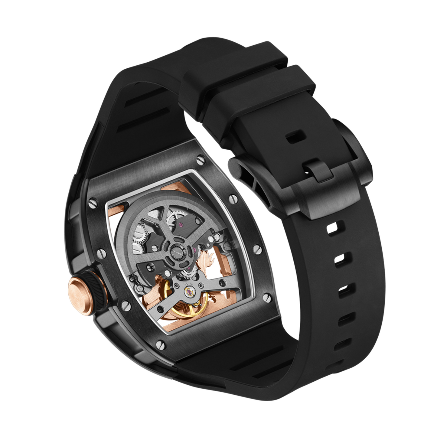 New Automatic Mechanical Skeleton Men Watch Luxury Stainless Steel Case Tonneau Dial Wristwatch Waterproof Sport Watches 9190-15