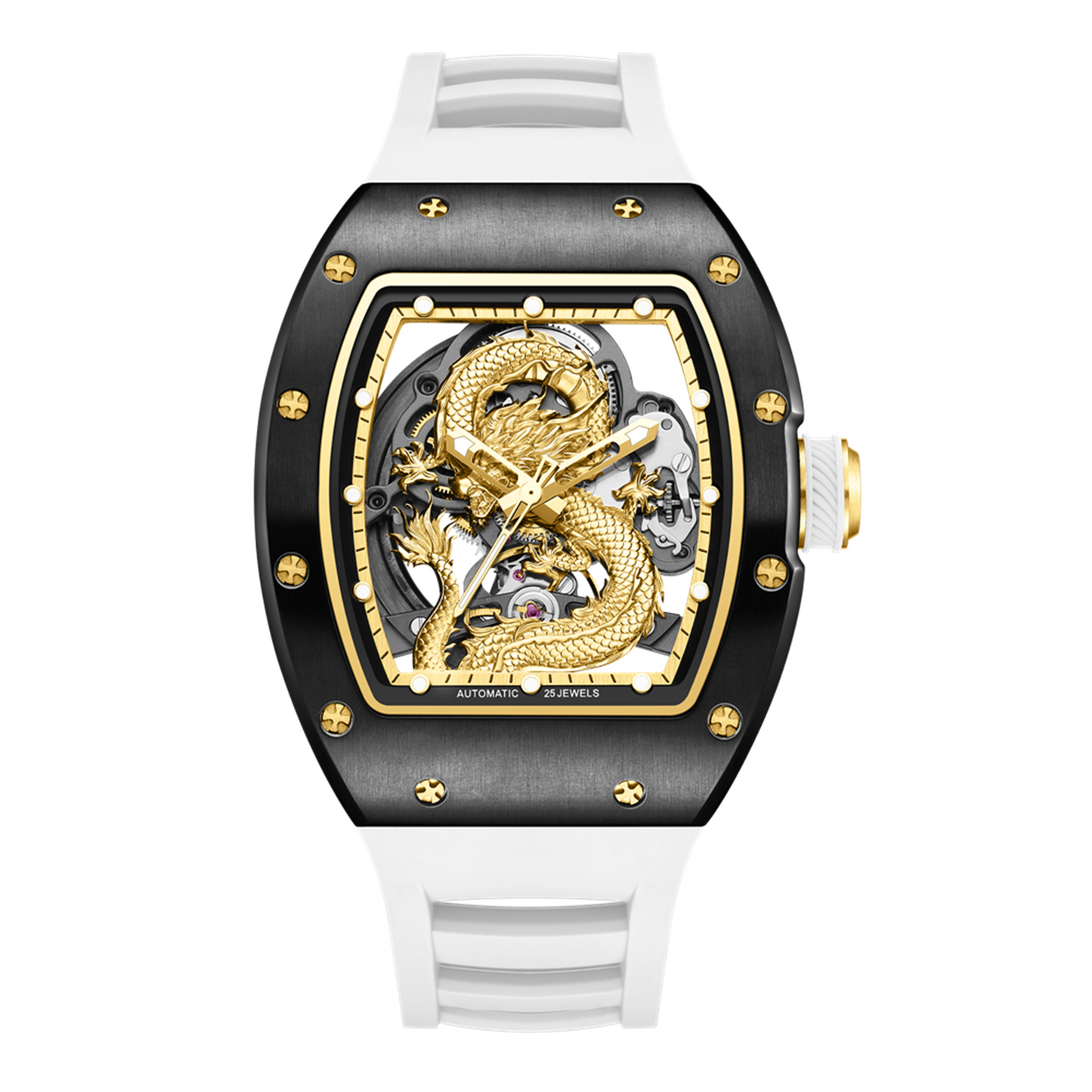 New Automatic Mechanical Skeleton Men Watch Luxury Stainless Steel Case Tonneau Dial Wristwatch Waterproof Sport Watches 9190-15