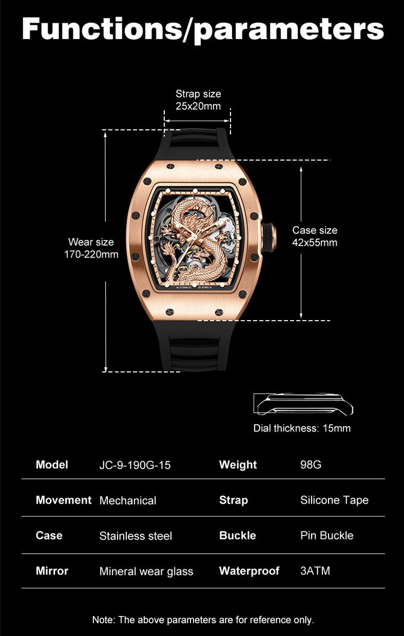 New Automatic Mechanical Skeleton Men Watch Luxury Stainless Steel Case Tonneau Dial Wristwatch Waterproof Sport Watches 9190-15