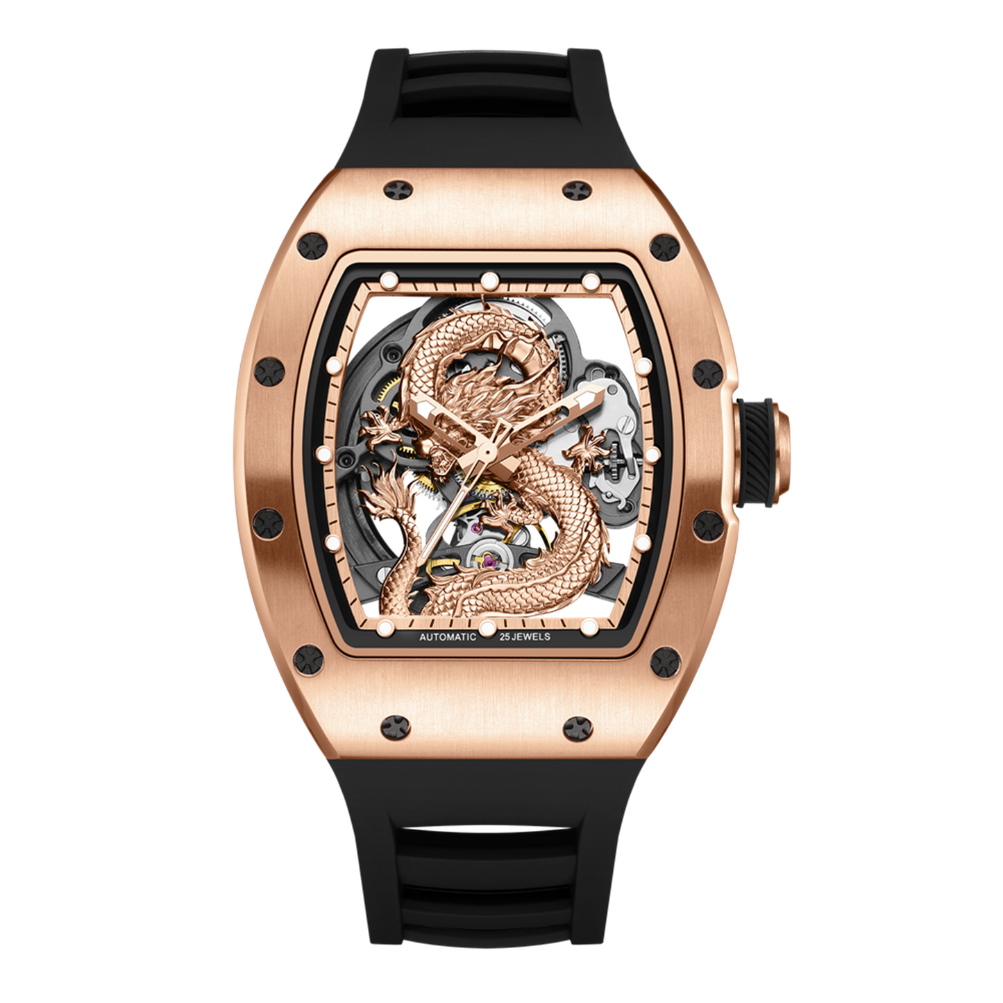 New Automatic Mechanical Skeleton Men Watch Luxury Stainless Steel Case Tonneau Dial Wristwatch Waterproof Sport Watches 9190-15