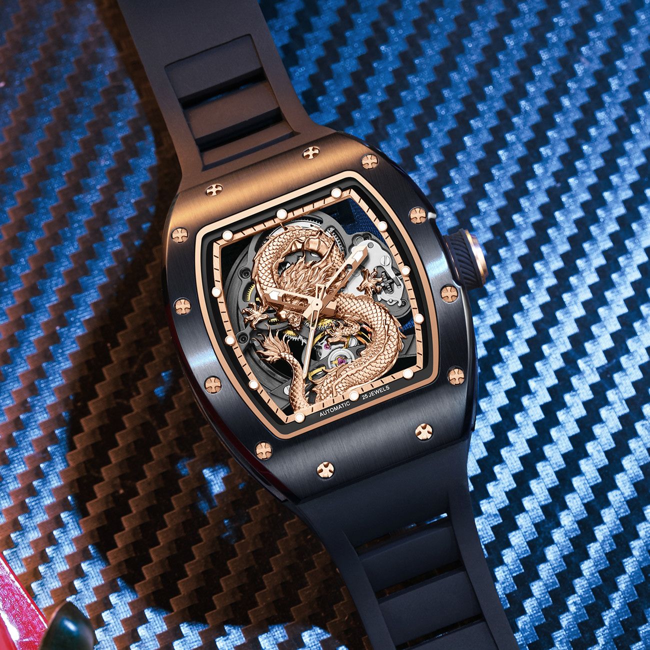New Automatic Mechanical Skeleton Men Watch Luxury Stainless Steel Case Tonneau Dial Wristwatch Waterproof Sport Watches 9190-15