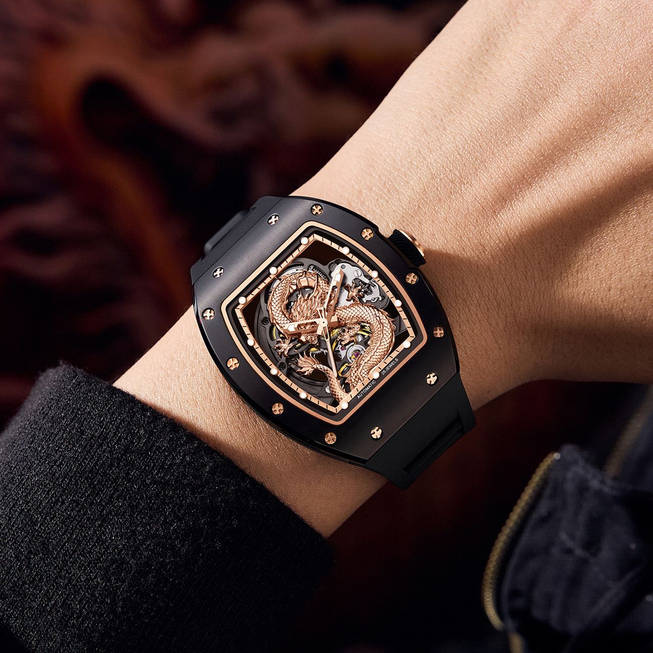New Automatic Mechanical Skeleton Men Watch Luxury Stainless Steel Case Tonneau Dial Wristwatch Waterproof Sport Watches 9190-15