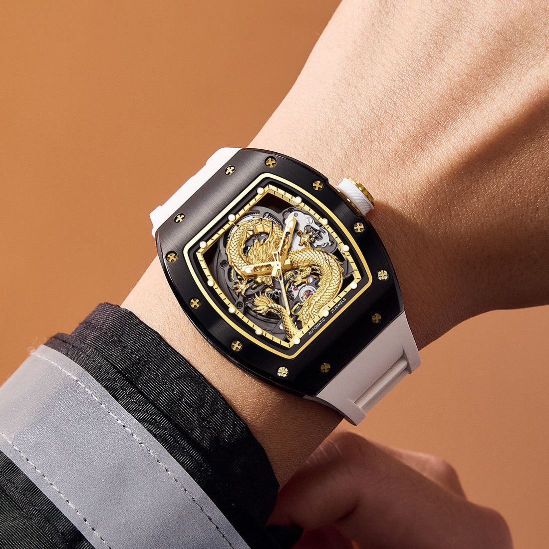 New Automatic Mechanical Skeleton Men Watch Luxury Stainless Steel Case Tonneau Dial Wristwatch Waterproof Sport Watches 9190-15