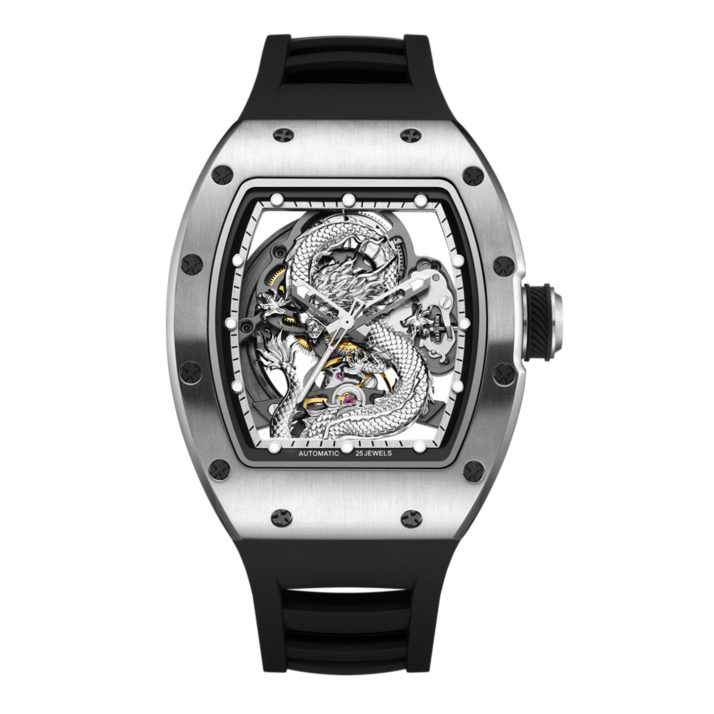 New Automatic Mechanical Skeleton Men Watch Luxury Stainless Steel Case Tonneau Dial Wristwatch Waterproof Sport Watches 9190-15