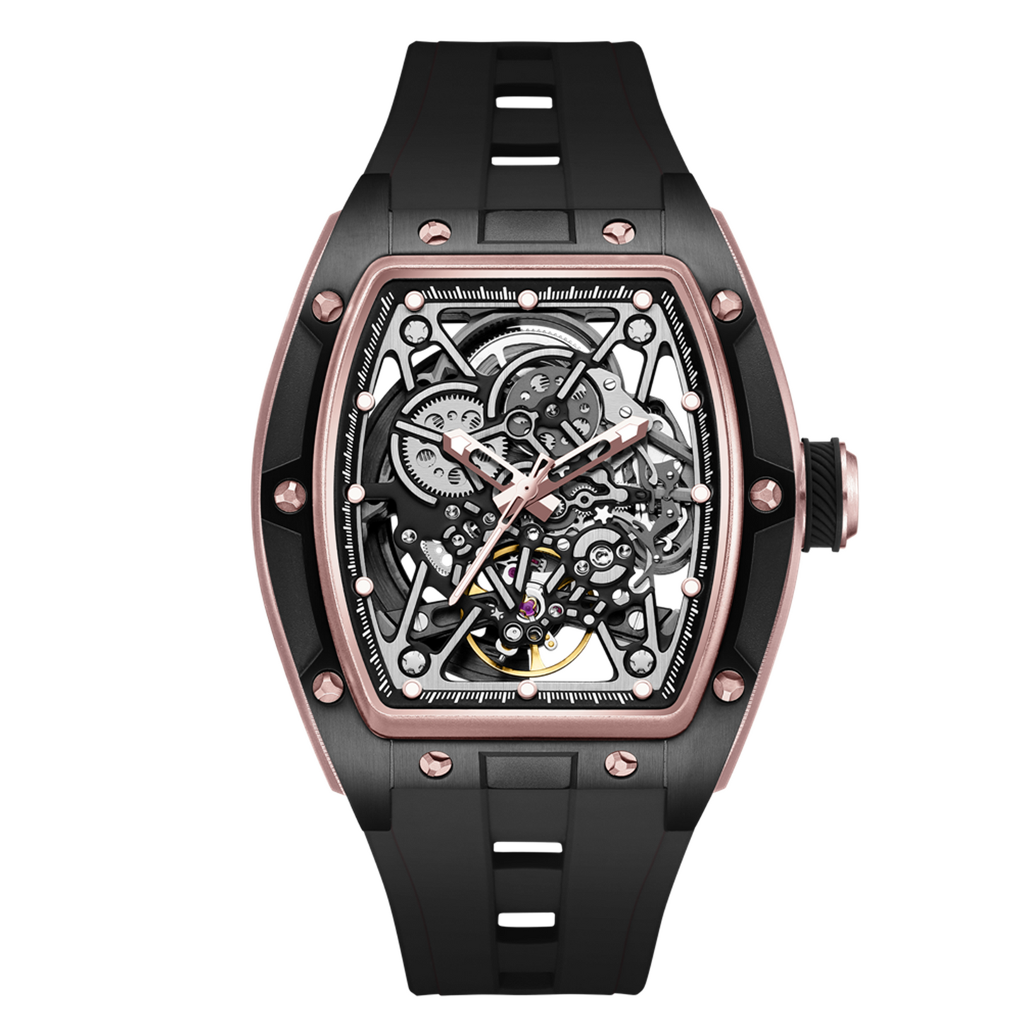 New Men's Mechanical Watch Fashion Hollow Out Automatic Movement Sport Wristwatches Waterproof Silicone Strap Watches 9198-3