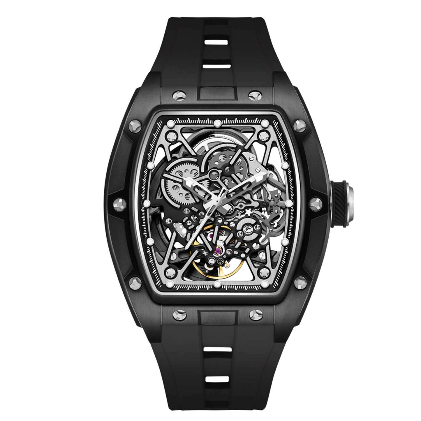 New Men's Mechanical Watch Fashion Hollow Out Automatic Movement Sport Wristwatches Waterproof Silicone Strap Watches 9198-3