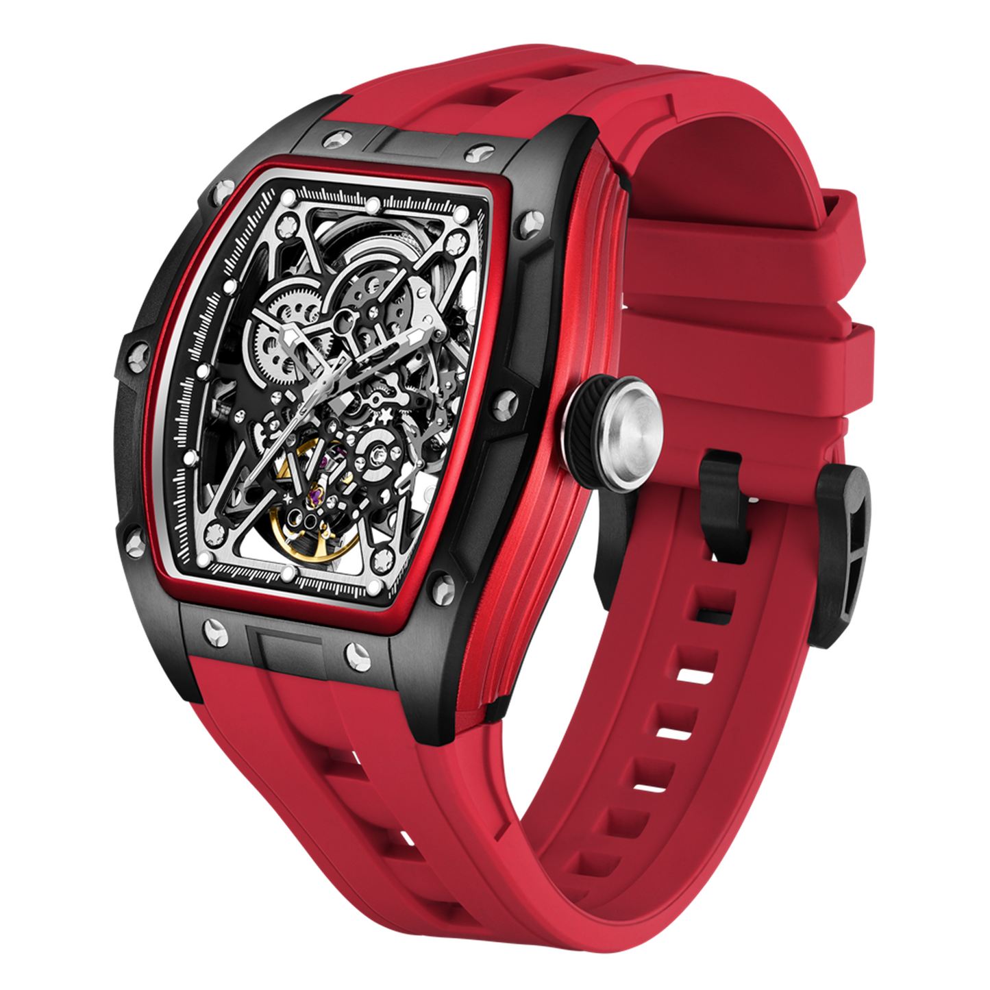 New Men's Mechanical Watch Fashion Hollow Out Automatic Movement Sport Wristwatches Waterproof Silicone Strap Watches 9198-3