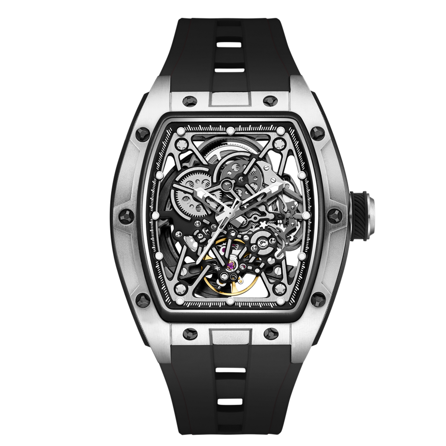 New Men's Mechanical Watch Fashion Hollow Out Automatic Movement Sport Wristwatches Waterproof Silicone Strap Watches 9198-3