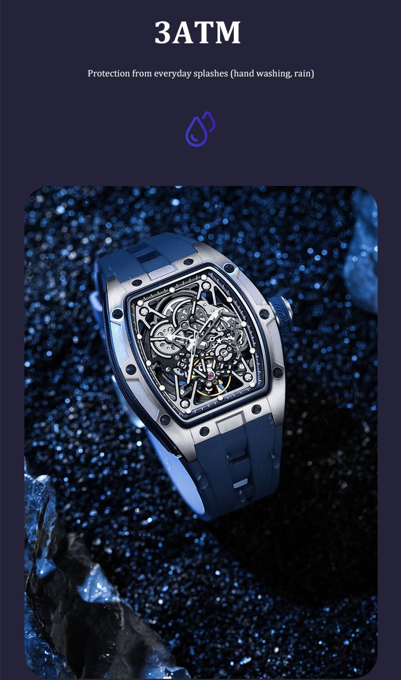 New Men's Mechanical Watch Fashion Hollow Out Automatic Movement Sport Wristwatches Waterproof Silicone Strap Watches 9198-3