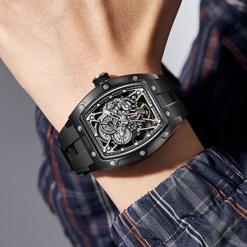 New Men's Mechanical Watch Fashion Hollow Out Automatic Movement Sport Wristwatches Waterproof Silicone Strap Watches 9198-3