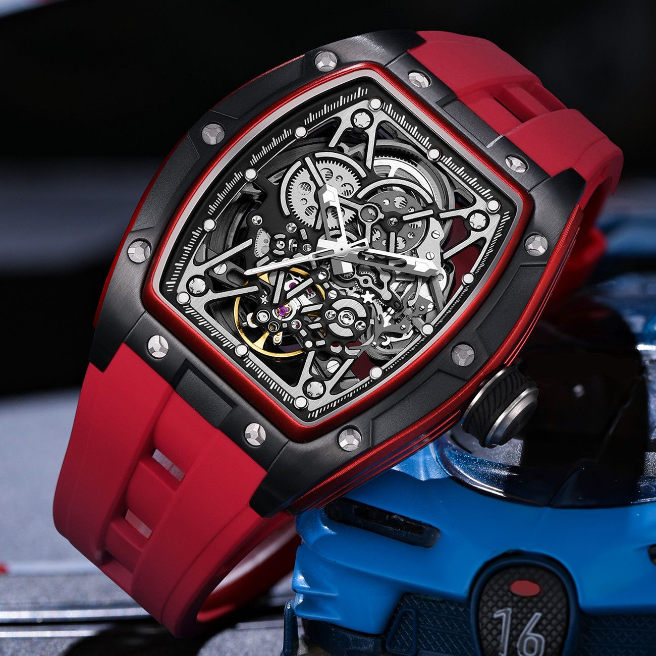 New Men's Mechanical Watch Fashion Hollow Out Automatic Movement Sport Wristwatches Waterproof Silicone Strap Watches 9198-3