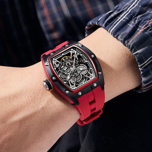 New Men's Mechanical Watch Fashion Hollow Out Automatic Movement Sport Wristwatches Waterproof Silicone Strap Watches 9198-3