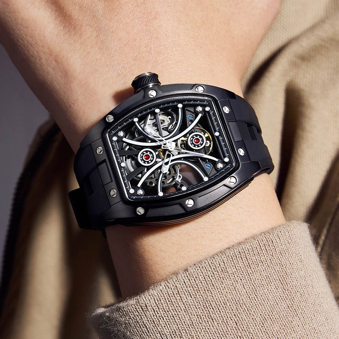 New Men's Sports Watch Fashion Automatic Mechanical Movement Watches Skeleton Luminous Waterproof Business Wristwatches 9198-4